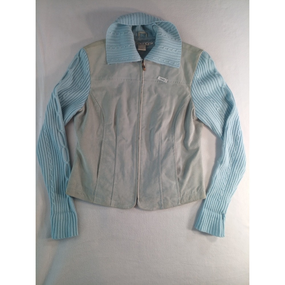 AMIX Womens Leather Jacket Small Blue Suede Knit Sleeve Y2K Zip (P)
